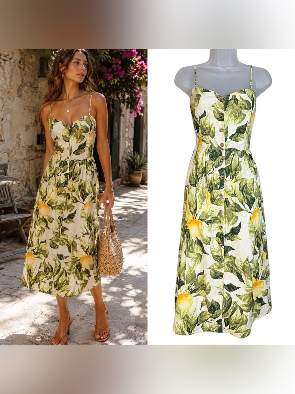 H&M Lemon Print Button-Front Midi Sundress | Cottagecore Mediterranean Dress XS